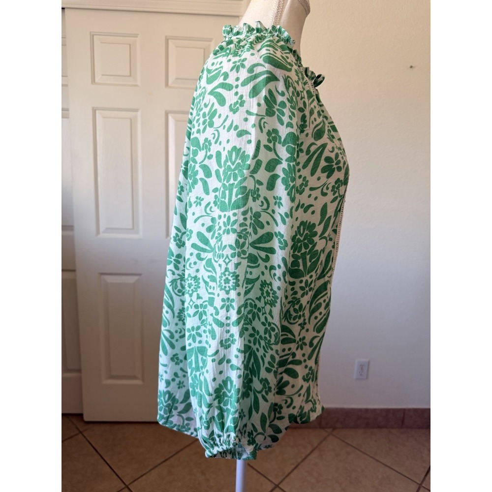 Hope & Harlow Womens L Green Floral Boho Peasant Top Tie Neck Spring Vacation - Picture 4 of 15